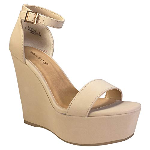 BAMBOO Women's Single Band Wedge Platform Sandal with Ankle Strap, Nude Nubuck, 8.5