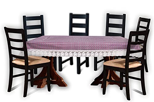 Image of The Furnishing Tree Waterproof PVC Rectangle Shaped 6 Seater Table Cover WxL 60x90 inches Pin Check Pattern Voilet with White Border lace