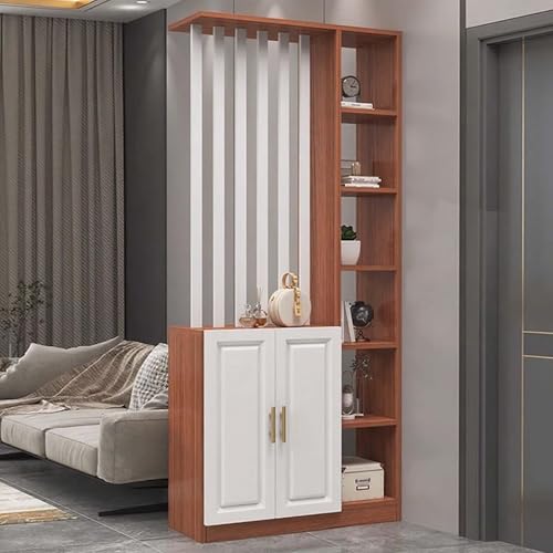 木製壁仕切り、玄関ホールパーティション、プライバシースクリーン、オープン収納スペースとディスプレイラック付き、空間装飾用(Teak+White,W90cm/35.4in)