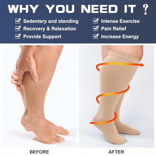 Image of Plus Size Compression Socks for Women Men Wide Calf L /XL-5XL (15-20mmhg) Knee High Socks Support Compression Stockings for Nurses and Flying