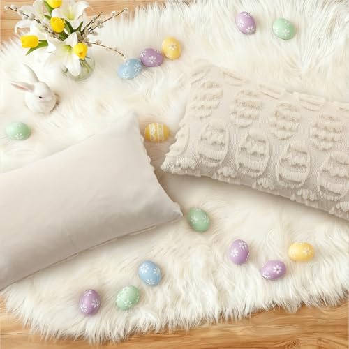 Image of decorUhome Easter Beige Egg Pillow Covers 12x20 Inch Set of 2, Soft Plush Faux Wool Jacquard Cushion Covers, Farmhouse Neutral Fuzzy Spring Easter Holiday Decor for Couch Sofa Bed