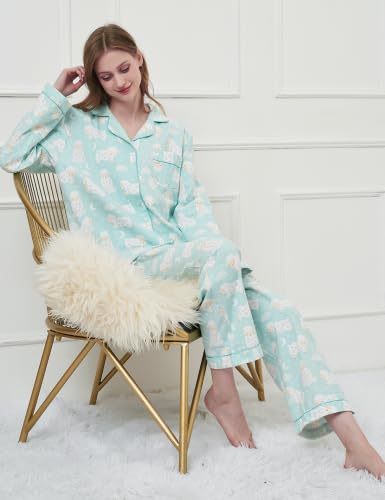 Image of CHUNG Women Flannel Pajamas Set Brushed Cotton Button Tops Pants S-XL Sleepwear Loungewear Cozy Warm Winter