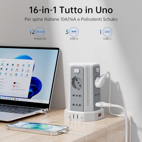 Multipresa Verticale Universale con 12 Prese e 4 Porte USB - Soluzione Pratica e Sicura per le Tue Esigenze di Alimentazione e Ricarica - immagine 3