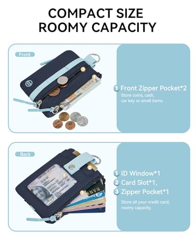 Image of BOSTANTEN Small Wallet RFID, Minimalist Zip ID Case Wallet with Lanyard Keychain, Water Resistant Card Wallets for women & Men, Navy Blue and Sky Blue