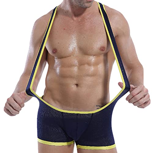 Mens Mesh Wrestling Singlet Bodysuit One Piece Suspender Mankini Leotard Breathable Jockstrap Jumpsuit Underwear (Blue,Large)