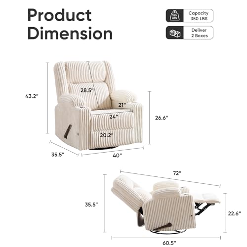 Image of Oversized Manual Recliner Chair with Arm Storage,Swivel Rocker Recliner Chair for Adults with Adjustable Headrest,Nursery Glider Recliner with Phone Stand and Side Pockets for Living Room,Beige