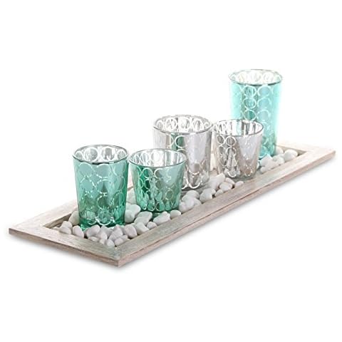 levandeo Tablett Teelichthalter Set 42,5x15x2cm Holz Glas Windlichter Deko Kerzenhalter Cover