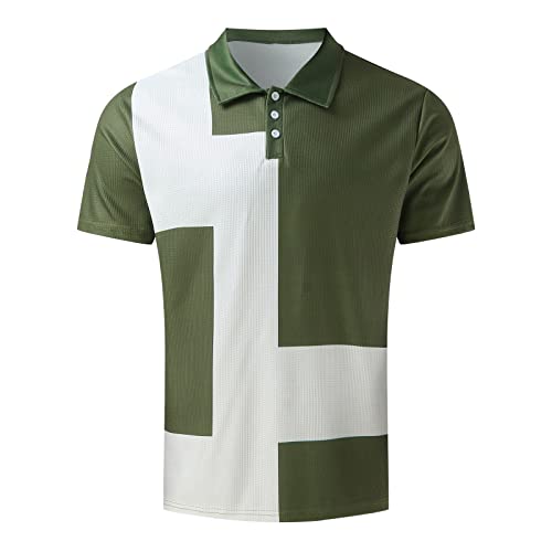 Golf Shirts For Men Big And Tall Male Spring And Summer Button Down Short Sleeve Top Plaid Lapel Color Matching Stripe Print T Shirt Mens T Shirts Vintage Knit Polo Shirts (Y1-Green,X-Large) #TOP2