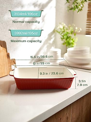 Image of DOWAN 9x13-inch Deep Casserole Baking Dish for Lasagna, 135 oz Ceramic Pan with Handles, Oven Safe for Baking and Home Decor, Red