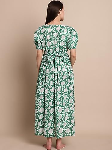 Image of Secret Wish Light Green Floral Block Print Cotton Maternity Dress /Feeding /Nursing /Zipper /Belt.