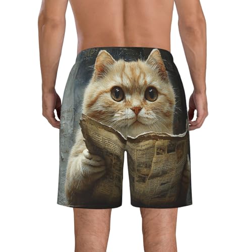 Mens Swim Trunks Board Shorts Quick Dry Shorts with Pockets - Funny Cat Old Newspaper3