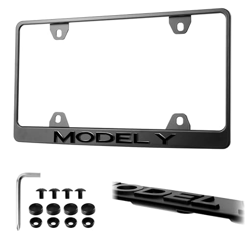 Model Y License Plate Frame Stealth Black Powder Coat UV Resistant Rust-Proof Steel Plate Holder - One Piece - Compatible with 2020-2025 Tesla ModelY EV (3D RAISED LETTERS with MOUNTING HARDWARE)