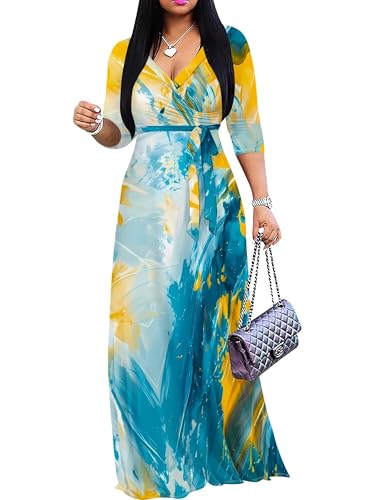 Image of PinkPatty Women's Plus Size Maxi Dresses Casual Flowy 3 /4 Sleeves Dress Printed Vacation Dress for Daily Wear with Belt