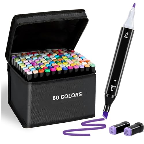 Image of 80 Colors Art Markers Sketch Pen Dual Tip Artist Art Marker Vibrant Colors Set For Kids Adult Coloring Sketching Drawing Painting,Twin Head Permanent With Carry Case(80),Multicolour