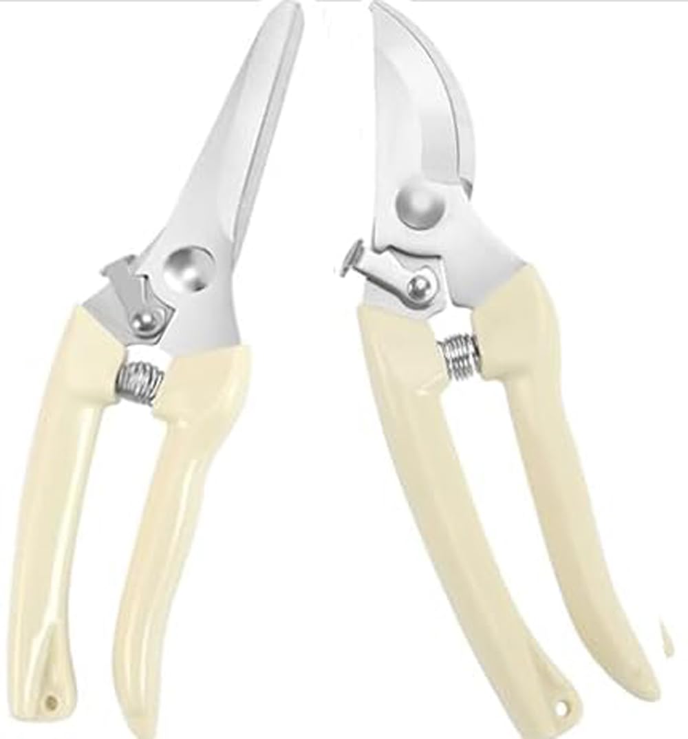 Beauenty Garden Pruning Shears Set 2 Pack,1 Bypass Pruner+1 Straight Blade Scissors,Sharp Garden Shears for Cutting Flowers,Trimming Plants, Bonsai,Fruits Picking (Ivory white)