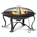 SINGLYFIRE 29 inch Fire Pits for Outside Firepit Outdoor Wood Burning Bonfire Pit Steel Firepit Bowl for Patio Backyard Camping,with Ash Plate,Spark Screen,Log Grate,Poker, bronze