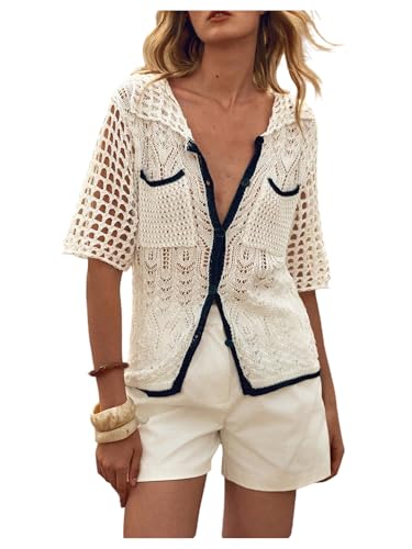SHENHE Women's Crochet Short Sleeve Button Down Cardigan Hollow Out Lightweight Summer Sweater