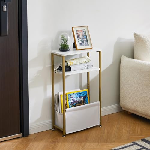 Aibiju Mesa Auxiliar Estrecha, Mesa Lateral Delgada con Cesta de Tela de Almacenamiento, Mesita de Noche para Espacio Pequeño, 40x20x66 cm para Sala de Estar, Blanco YD-ST002J - imagen 7