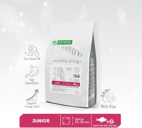 Nature's Protection Superior Care Hundefutter Trocken mit Weißfisch und Reis - Hypoallergenes Trockenfutter für Junior Weiße Hunde Aller Rassen - Omega 3 & 6 - Haut, Fell & Tränenflecken (4 kg)