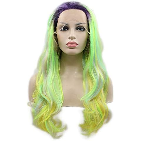 RainaHair 24inches Dark Purple Roots Ombre Yellow Green Wig Long Wavy Synthetic Lace Front Wigs for Women Half Hand Tied Hair Cosplay Holidays Cover