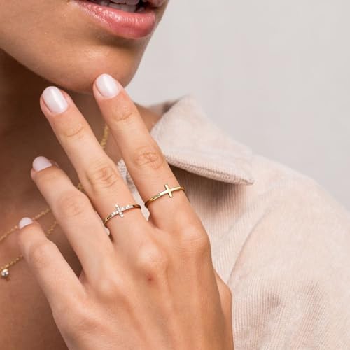 Foxgirl Cross Gold Rings for Women Non Tarnish, Dainty Trendy Stackable Ring Set 14k Gold Plated Thin Cz Cross Finger Rings for Women Non Tarnish Simple thumb Rings for Momen Gold Jewelry Size 5-104