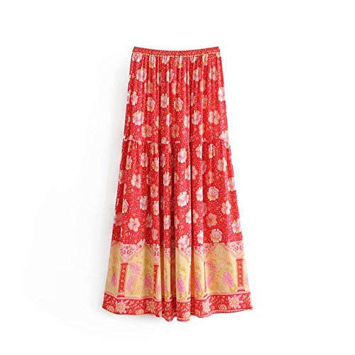 Jupe Longue Bohemedamen Maxirock Bohobohemian Skirts For Womenvintage Red Chic Ladies Fashion Hippie A-Line Floral Print Skirt High Elastic Waist Boho Maxi Beach Party Skirt Female Oversize,As Pic Cover