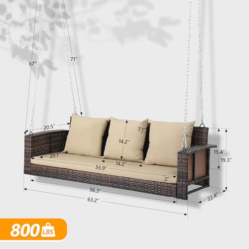 Image of VINGLI 5FT Wicker Swing, Rattan Porch Swing, Outdoor Hanging Seat, Brown