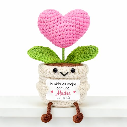 Aurasky Coração de croché com vaso sorridente, cartão «Vida melhor com uma mãe», presente emocional para a mãe em aniversários, dia da mãe ou surpresa diária, decoração positiva