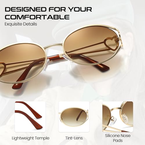 SODQW Retro Oval Sunglasses for Women Trendy Metal Frame Round Designer Sun Glasses with Heart Accents UV Protection3