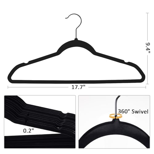 Pack of 30 Velvet Hangers, Space-Saving Heavy Duty Clothes Hangers for Suit, Non-Slip, 0.2 Inches Slim, 17.7 Inches Wide, 360° Swivel Black Hook - Black - Image 3