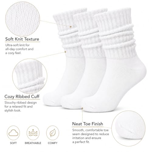 Image of 3 Pairs Slouch Socks for Women & Men, Ribbed Scrunch Crew Socks | 3-pair cotton-rich ribbed slouch socks for women and men, thick scrunch crew socks for boots, sneakers and lounging.