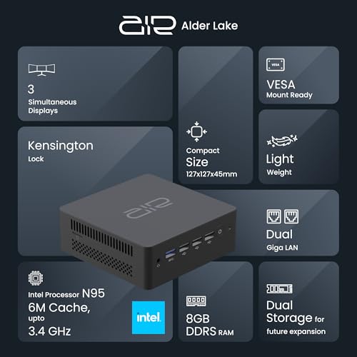 AIR Minipc Alder Lake Intel 12Th Gen N95 with Genuine Windows 11 Home, 4K @ 65Hz 3 Screens Display, 8 GB DDR5 + 512 GB M.2 SSD, Dual Giga LAN... - Image 6