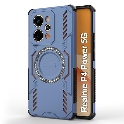 Image of amazon basics Back Case Cover for Realme P4 Power 5G | Magnetic Case with Built-in Metal Ring | Supports MagSafe Charger, Wallet & Car Mount | Shockproof Hybrid PC + TPU | Blue