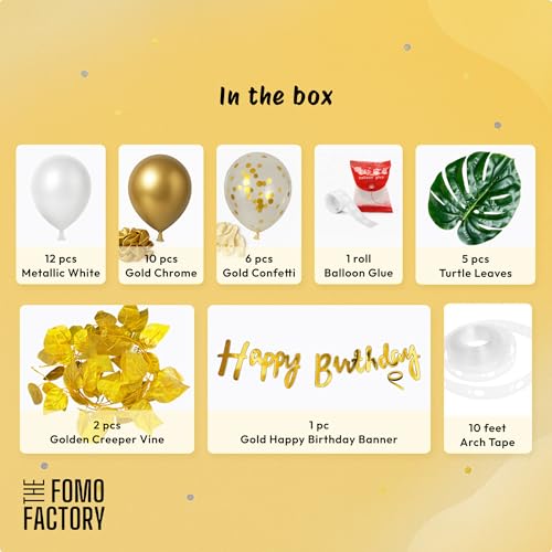 Image of The FOMO Factory Golden Birthday Decoration Items - Happy Birthday Decoration Kit With Golden Balloons & Artificial Gold Leaves Vine Creeper & Confetti Balloons & HBD Banner - Easy Decoration (GLeaf)