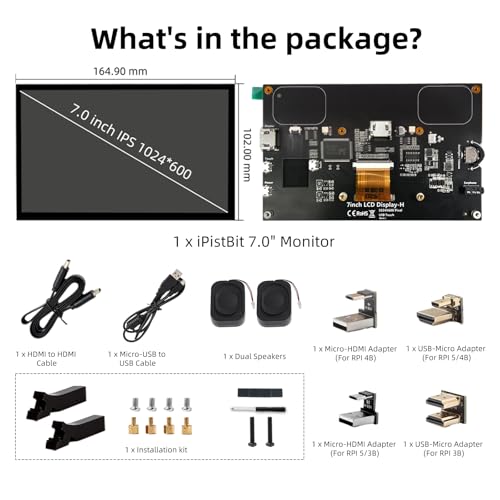 Image of Raspberry Pi Screen, 7 Inch Touchscreen Monitor, IPS 1024x600, Dual Built-in Speakers, HDMI Portable Monitor Compatible with Raspberry Pi 5 /Pi 4B /3B+ /3B, BB Black, Win11 /10 /8 /7, Driver Free