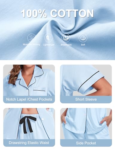 Image of COLORFULLEAF Women's 100% Cotton Pajamas Set Button Down Sleepwear Short Sleeve Shirt and Long Pants Soft Ladies Lounge Sets
