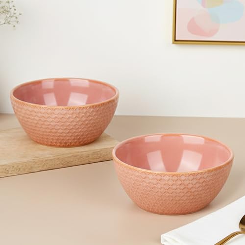 Image of The Earth Store Peach Embossed Ceramic Bowl Set of 2 - 500ML Each | Ceramic Mixing Bowls for Snacks, More | Rice, Dal, Fruits, Salad | Microwave Safe Bowl Set | Perfect for Gifting & Daily Use