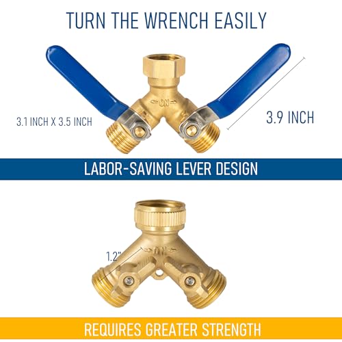 Hourleey Brass Garden Hose Splitter with Stainless Steel Handle, Heavy Duty 2 Way Adapter