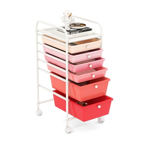 GOFLAME 6-Drawer Rolling Storage Cart, Multifunctional Art Craft Organizer Cart, Mobile Utility Storage Cart with Removable Drawers & Lockable Wheels, Craft Cart for Home Office, School, Pink