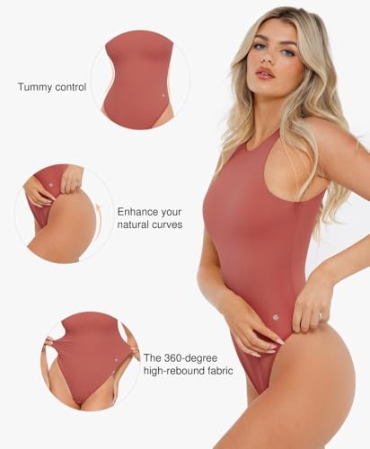 Image of Popilush Bodysuits for Women Tummy Control Shapewear Compression Body Suit Sleeveless Thong Halter Cotton Casual Tank Top for Spring & Summer