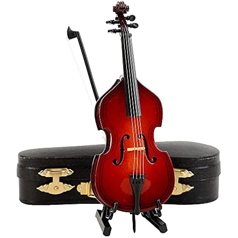 Dselvgvu Wooden Miniature Double Bass with Stand,Bow and Case Mini Contrabass Replica Mini Musical Instrument Collectible Miniature Dollhouse Model Home Decoration (5.71"x2.17"x1.38") Cover