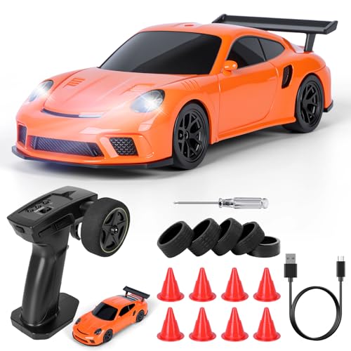 JONRRYIN RC Auto Drift 1:43, Macchina Telecomandata Drift, Mini Drift Car, Micro Macchina Telecomandata con Luce LED, 15km/h, Auto Giocattolo per Bambini di 14 Anni (Arancione - Standard)