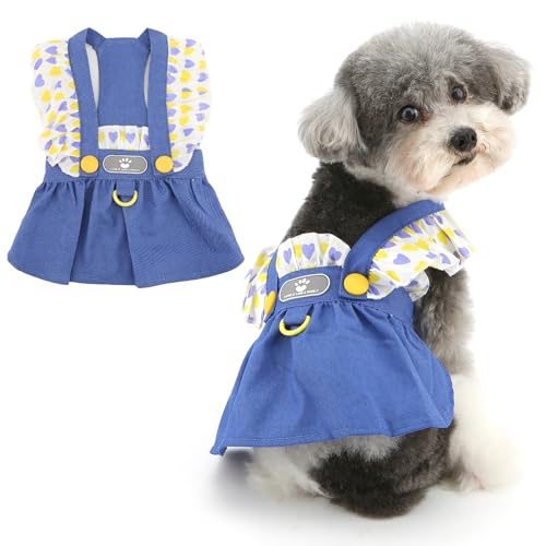 RANPHY 犬 服 春 夏 犬の服 超小型犬 小型犬 子犬 かわいい ハート柄 デニムワンピース 袖フリル サスペンダースカート 洋服型ハーネス 女の子 春夏服 猫服ペット洋服 Dリング付部屋着お散歩撮影写真 誕生日 祭り パーティー お祝い,ブルー,L
