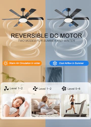 Image of JSAITEE 52 Inch Low Profile Ceiling Fan with Lights, Remote & APP Control, 3CCT Dimmable, 6 Blades 6 Speed Ceiling Fans, Quiet Reversible DC Motor, Modern Black Ceiling Fan for Bedroom Living Room
