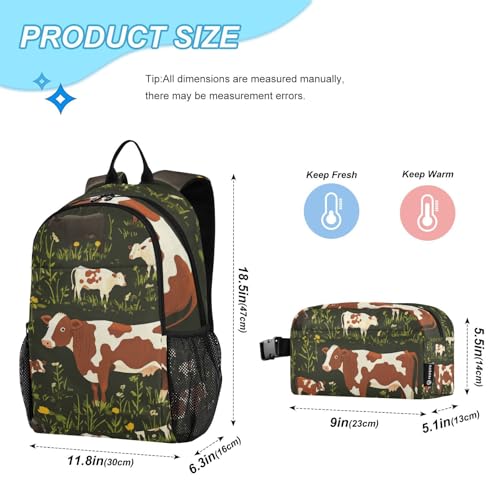 Kids Backpacks Set Cow Grass Bull Animal Boys Girls Backpack with Lunch Bag Toddler Bookbag2