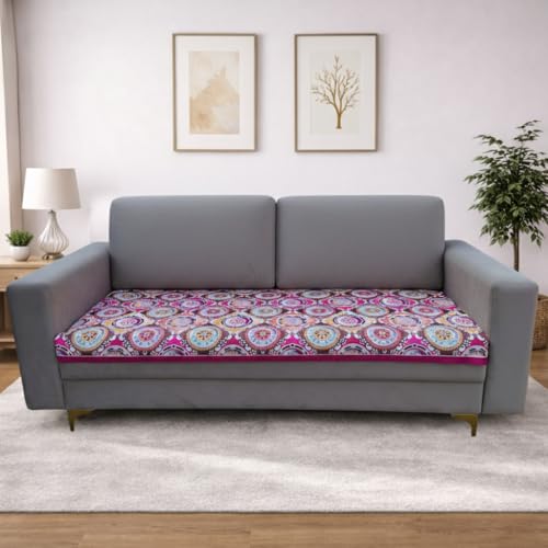 Image of Homerz Premium 7 (3+2+2) Seater Velvet Sofa Panel Cover with Digital Prints | Anti-Slip Backing (Pink Rangoli, 7 (3+2+2) Seater)