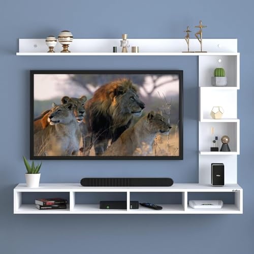 Image of Anikaa Kasey Engineered Wood TV Unit LED Light TV Cabinet Wall TV Stand for Living Room Home - (White) (Ideal for 55 Inch)(D.I.Y)