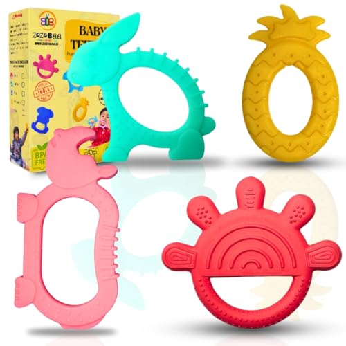 Image of Cute Shape Soft Silicone Teether for Baby Gums Teething Toys for Babies BPA Free Pain-Relief Non-Toxic 100% Food Grade Soothing Easy to Grasp Chewable- Rhino+Pineapple+Rabbit+Hand (Pack of 4)