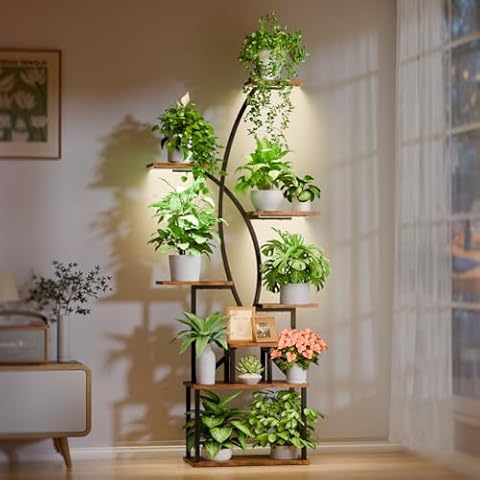 JUSTOGO Plant Stand Indoor with Grow Light, 8 Tiered Tall Plant Shelf for Indoor Plants Multiple, 65" Large Plant Shelves Metal Curved Shape Flower Holder Display Rack for Living Room, Patio, Balcony Cover