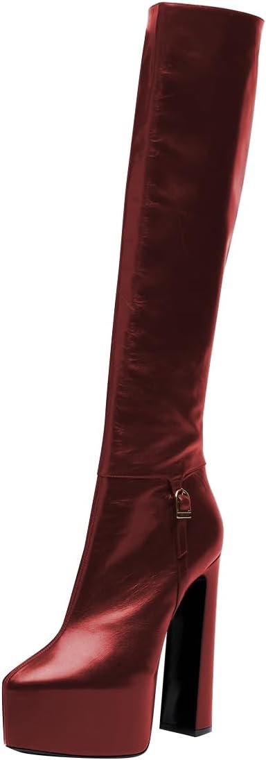 FOWT Women Pointed Toe Knee High Boots Platform Chunky Block High Heels Side Zipper Sexy Party Club Shoes Size 4-16 US